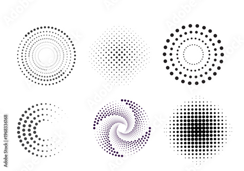 Modern halftone dot sphere and circle collection featuring gradient fades, spiral textures, and abstract dotted patterns. Perfect for posters, backgrounds, branding, and pop art designs.