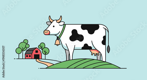 Spotted Cow Standing On Green Hill.