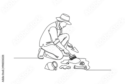 Archaeology Dig. Minimalistic one-line drawing archaeologist kneeling and brushing soil to reveal artifacts, continuous single black line on white background,