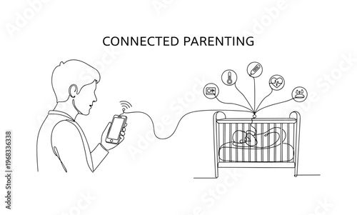 Connected Parenting. Minimalistic one-line drawing parent using smartphone to monitor smart crib and sensors, continuous single black line on white background,