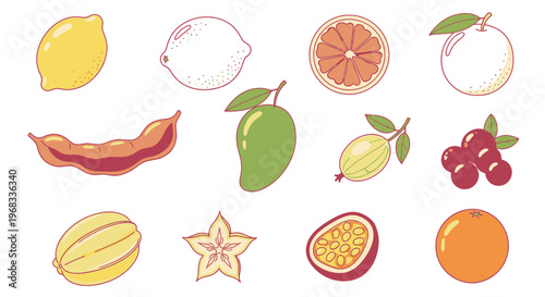 Variety of colorful fruit icons.