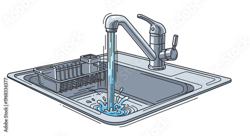 Water flowing from kitchen sink faucet.