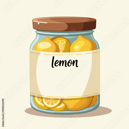 glass jar with preserved lemons and empty white label for culinary blogs, recipe websites, kitchen clipart, organic food packaging, healthy diet presentations and vitamin awareness, with copy space