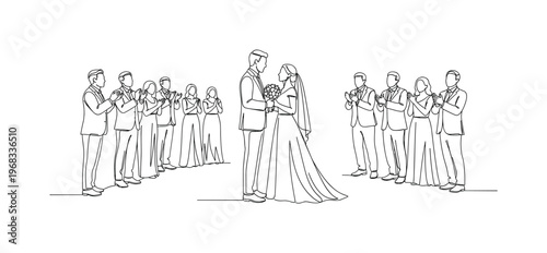 Wedding Celebration. Minimalistic one-line drawing couple in center with guests around clapping and smiling, continuous single black line on white background,