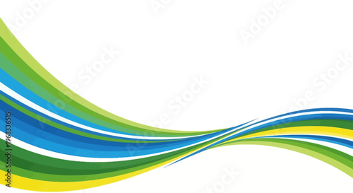 Vibrant abstract background with wavy lines in shades of blue, green, and yellow on a white backdrop.
