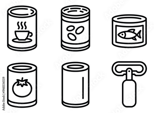 Simple line art of various canned goods and can opener, clean vector sketches in hand drawn doodle style