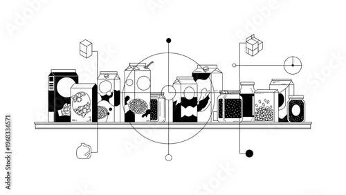 grocery product packaging intersecting geometric lines circles and abstract box icons detailed black and white cereal boxes, cartons, and jars on store shelf