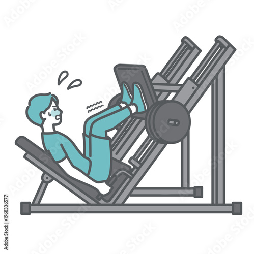 苦戦しながらレッグプレスマシンでトレーニングをする男性のイラスト