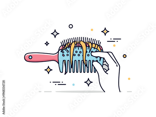 Hairbrush bristle detangling scene where hair is gently combed through the bristles while small sparkle and line icons emphasize smoothness, care,