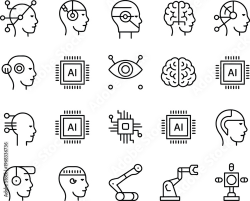 Black line of human heads with circuits and microchips for artificial intelligence concepts