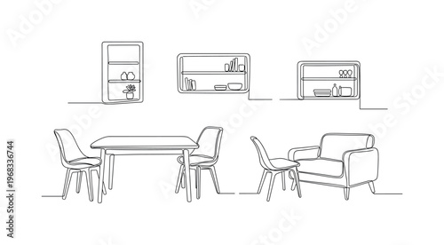 Eco Material Furniture Trend. Minimalistic one-line drawing tables, chairs, and shelves made from sustainable resources, continuous single black line on white
