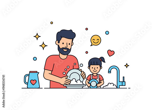 Washing dishes playful family concept where a parent and child wash dishes together while small sparkle and heart icons emphasize bonding, learning, and