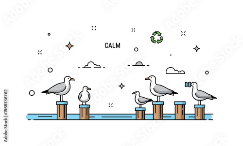 Seagulls perched on pier scene where birds rest on wooden posts while tiny sparkle and line icons highlight calm, observation, and seaside ecology. The