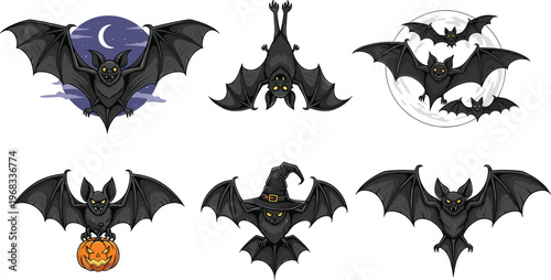 Halloween Bat Characters Set with Various Poses, Witch Hat, Pumpkin, and Moon for Spooky and Festive Designs