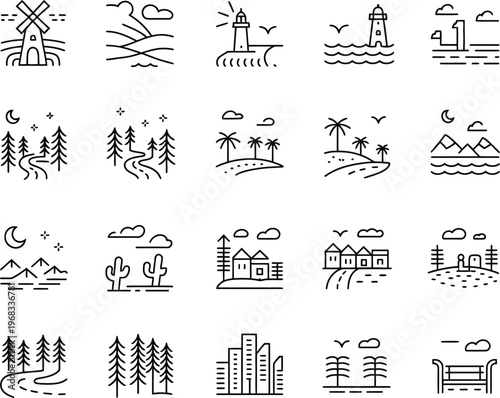 Black line of various landscapes and buildings line black and white windmill lighthouse