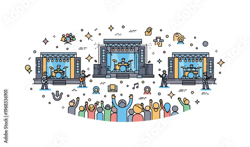 Live concert festival scene where multiple bands perform across stages with fans enjoying music while small sparkle and line icons emphasize community,