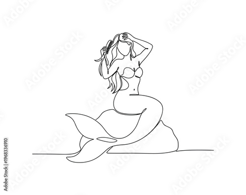 Mermaid Pose. Minimalistic one-line drawing mermaid seated on rock, combing hair with tail curled, continuous single black line on white background, simple