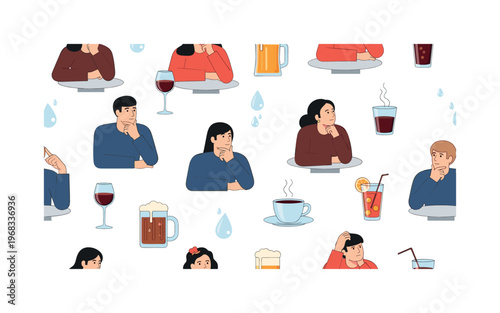 pensive beverage seamless pattern, repeating pattern, surface design, textile print, modern illustration of people holding half-empty glasses, reflections,