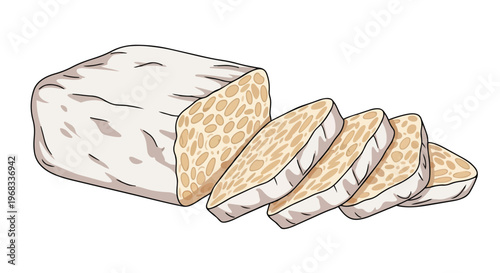 Hand-Drawn Illustration of Sliced Tempeh, a Fermented Soybean Food Product, Isolated on White Background