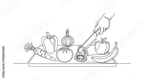 Healthy Cooking. Minimalistic one-line drawing cutting board with vegetables and fruits being prepared for meal, continuous single black line on