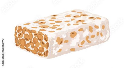Illustration of a wholesome block of tempeh, a fermented soybean product, showcasing its textured interior with visible bean fragments