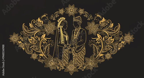 Golden illustration of alvidhanu couple standing amidst floral patterns and ornate designs