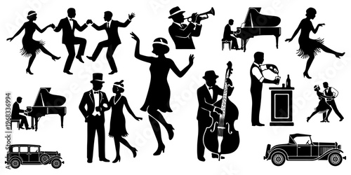 1920s Jazz Age speakeasy silhouettes set. Vector collection of flapper dancers, jazz musicians, vintage cars, and Great Gatsby style party characters isolated