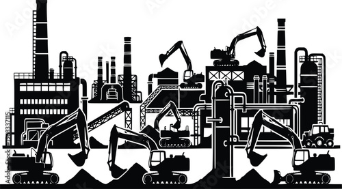 Industrial factory with excavators and heavy machinery working black silhouette vector illustration isolated on white