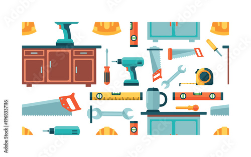 countertop design patterns seamless pattern, repeating pattern, surface design, textile print, modern illustration of countertops, cabinets, drills, measuring
