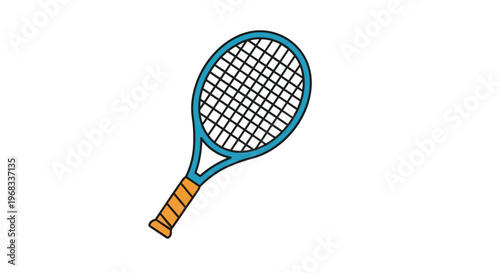 Simple graphic illustration of a bright blue tennis racket with an orange grip isolated on a white background symbolizing sport and recreation.