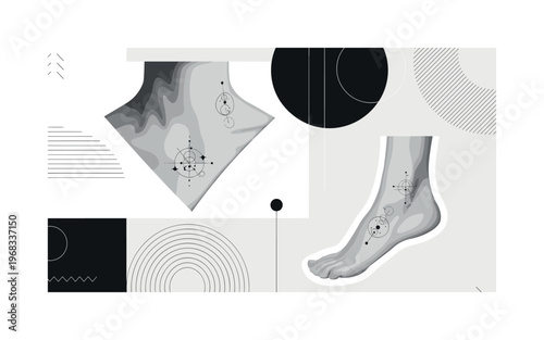 micro tattoo intersecting geometric lines circles and abstract dot icons detailed black and white subtle minimal tattoos on collarbone and ankle with white