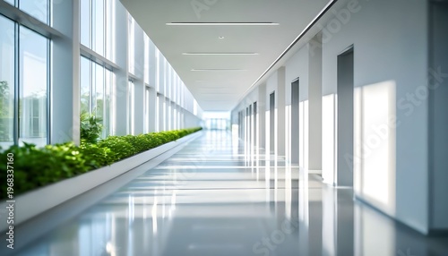 A serene office hallway with lush greenery and natural light pouring in through large windows along the left side, reflecting off the polished floor.
