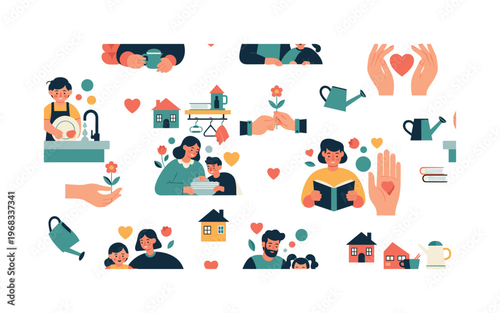 Fototapeta premium family activities patterns seamless pattern, repeating pattern, surface design, textile print, modern illustration of family members helping with household