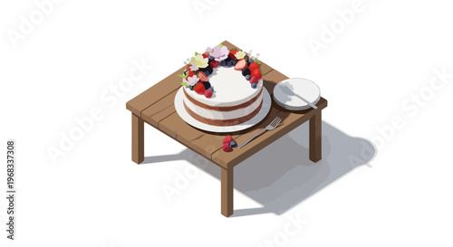 Isometric view of a layered cake with strawberries and whipped cream on a wooden table with a plate and utensils.