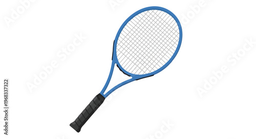 A vibrant blue tennis racket with a black grip poised for action against a pure white background, symbolizing athleticism and performance