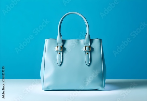 A light blue leather handbag with metal clasps sits on a white surface against a blue wall.
