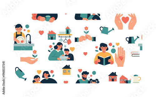 family activities patterns seamless pattern, repeating pattern, surface design, textile print, modern illustration of family members helping with household