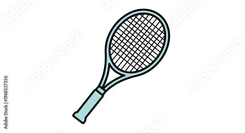 Simple vector illustration of a light blue tennis racket with a black net on a white background for sports and recreation themes