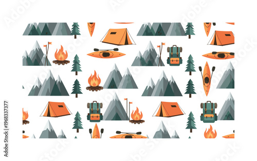 camping adventure seamless pattern, repeating pattern, surface design, textile print, modern illustration of mountain peaks, tents, kayaks,