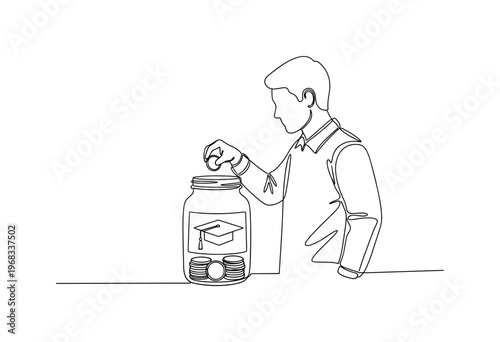 Fund for Education. Minimalistic one-line drawing person adding coins to jar labeled with education symbol, continuous single black line on white background,
