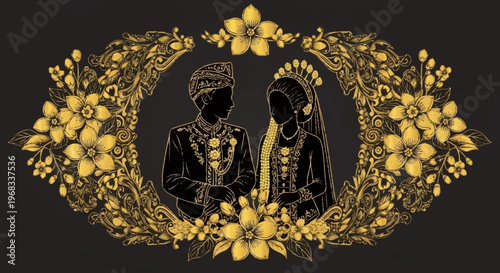 Couple in Traditional Attire Surrounded by Golden Floral Wreath Decor