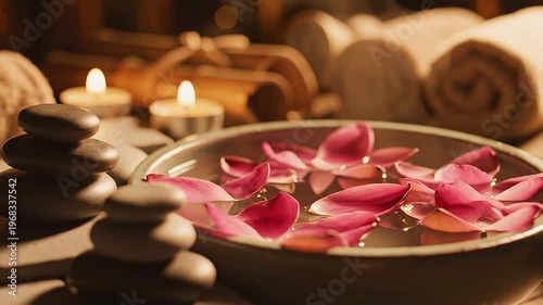 Wallpaper Mural Warm candlelight illuminates stacked stones and flower petals in spa. Torontodigital.ca