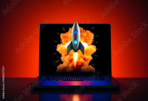 A rocket ship blasts off from a laptop screen into a fiery orange background.