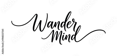 Wander Mind. lettering and all elements in black. Vector style. AWhite background. Pure white background. Perfect isolation and visual consistency. Elegant