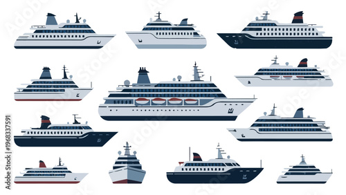 Collection of various cruise ships ocean liners and yachts in multiple designs and blue tones