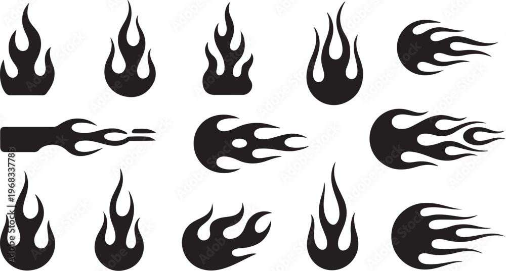 Obraz premium Black Flame Icons Vector Fire Flame Silhouettes Set of vector design on transparent background.