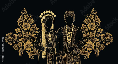 Traditional Indian couple standing together in ornate attire with floral patterns