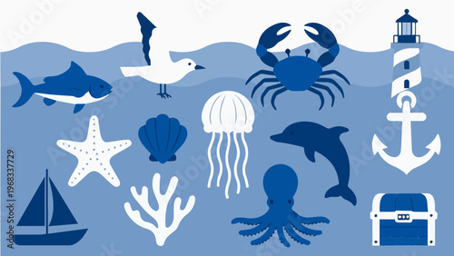 Sea life and nautical elements with fish crab dolphin octopus jellyfish starfish lighthouse anchor and sailboat