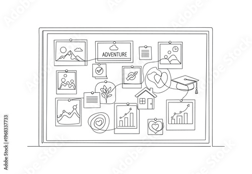 Vision Goal Board. Minimalistic one-line drawing corkboard with photos, notes, and symbolic images representing aspirations, continuous single black line on