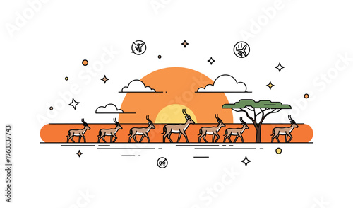 Impalas sunset migration scene where a herd moves across savanna plains against an orange sky while small sparkle and star icons emphasize natural cycles,